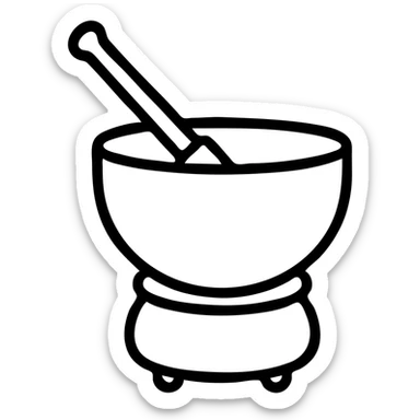 Make the green crystal singing bowl with mallet even more minimal, reduce details, keep only essential shapes, no background, in an outlined icon style with no fill. sticker