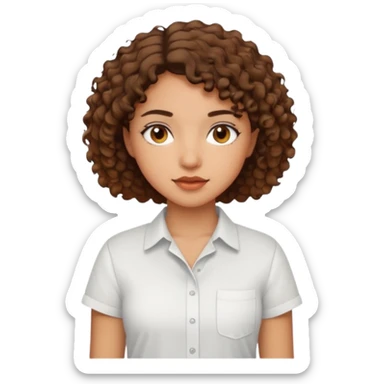 A Latina girl with brown eyes and short curly hair with a white shirt sticker