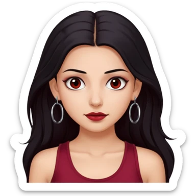 a pretty bratz fair girl with long black hair, kajal under eyes, small silver hoop. Dark cherry red tank top on. Black eyes sticker