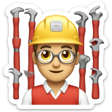 a good-looking technician wearing red uniform, holding tiling tools sticker