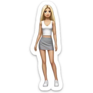hyperrealistic caucasian blonde, long straight hair, white deep v-neck crop tanktop, gray tight mini skirt, walking body view sticker