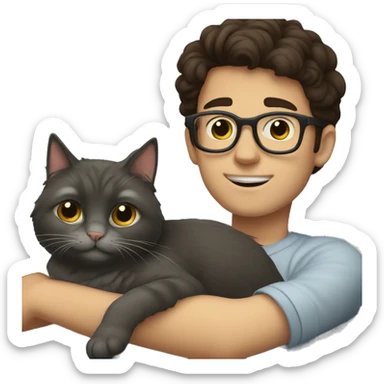 A boy with dark brown hair and glasses is laying with his grey cat sticker