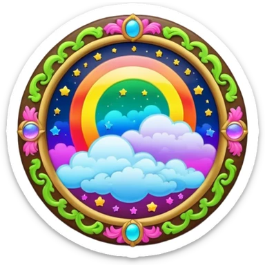 Beveled button with Neon rainbow colored damask style full moon with stars and clouds in the center sticker