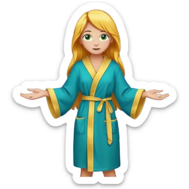 lightly tanned skin, green-blue eyes, cute and sexy girl with bright yellow-brown hair in a dark sky pallete robe, golden rings, slight cute makeup, full body sticker