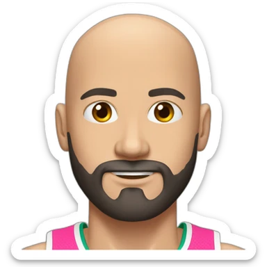 Caucasian basketball player, bald, with black beard, wearing pink jersey (miami style) no 10 sticker