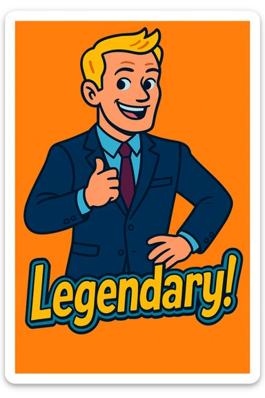 Add the text 'Legendary!' in a bold, fun cartoon font below Barney Stinson, matching the vibrant western adult animation cartoon style. The text should be colorful and lively to complement the character's energetic vibe. sticker