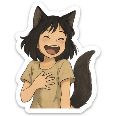 A girl with black fox ears and a tail, green eyes, dark hair, laughing sticker