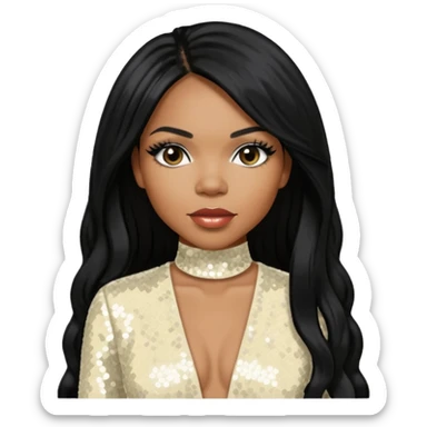 Tenitra Michelle Williams (b.1979), R&B Singer from Destiny's Child with long black hair, ivory sequin outfit, medium dark skin sticker