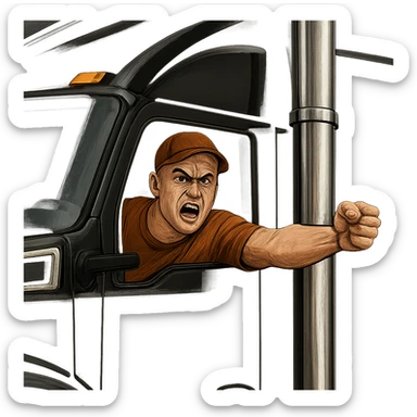 Zoom in closer on the cab of the truck. Make the person in the truck look angry, bald, wearing an orange shirt and a baseball cap. Keep the truck black with a chrome stack. Maintain a transparent background. sticker