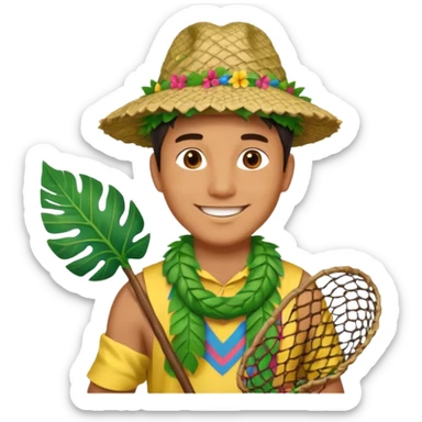 Hawaiian man with leaf hat and big net and colorful cloth sticker