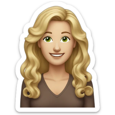 middle aged woman with blond and brown long wavy hair, green eyes and a smile wearing hoop earrings sticker