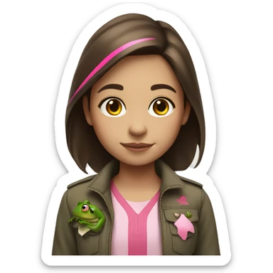 a girl who lives in brixton with medium length brown hair, with a line of pink streak through it, who is standing with a frog on her shoulder sticker