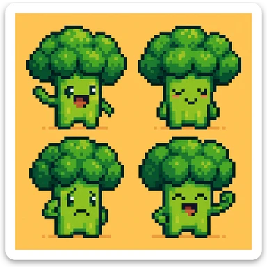 Create more broccoli images in pixel art style with different poses and expressions. Maintain the pixel art aesthetic and vibrant colors consistent with the original broccoli image. sticker