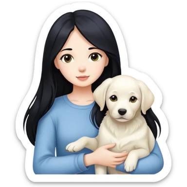 A beautiful girl with long black hair and fair skin is holding a white Labrador sticker