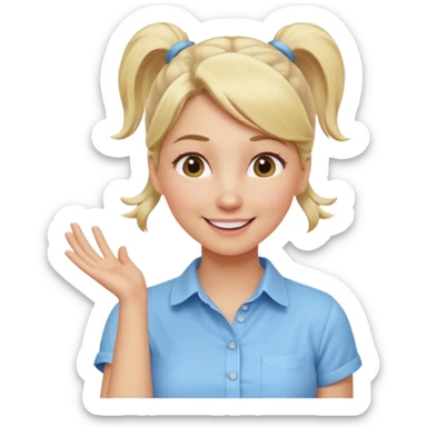 A playful blonde female mature realistic character with wide, mischievous eyes, smiling, ponytail, dynamic pose suggesting movement, pastel colors, minimalistic and cute emoji style. sticker