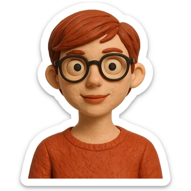 claymation style woman in her 20s with auburn pixie cut (side part) and glasses sticker