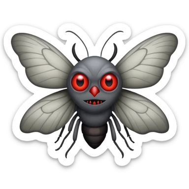 Create a scary emoji of the Mothman with bright red eyes and as depicted in the legend. Make it less bird like and more Moth / Human hybrid sticker