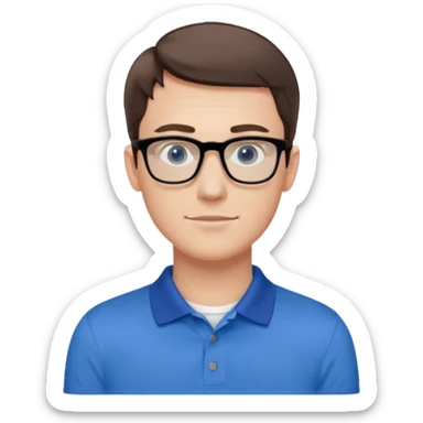 Young white man, late 20s, short brown hair, blue eyes, clean-shaven, thin black rectangular glasses, slim build, wearing a blue polo shirt, friendly and energetic look. sticker