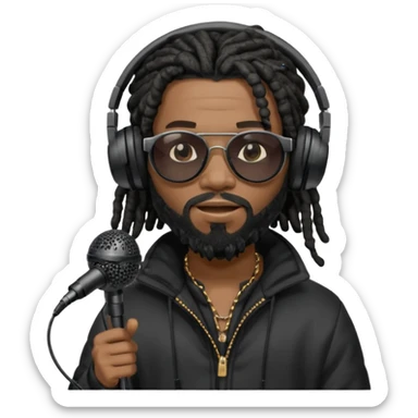 African American man with shoulder length black dreadlocks with black beard wearing dark black sunglasses wearing a black bubble coat with headphones on rapping into a recording studio microphone sticker