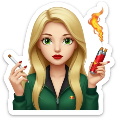 white, honey blonde long hair pretty girl with green eyes, smoking a cigarette and a red bull in hand, dark red nails, looking cool  sticker
