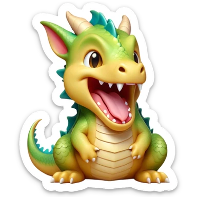 Cinematic Cute Yawning Dragon Portrait Emoji, Head tilted slightly with a dramatic, wide-open yawn, showcasing a soft, lustrous scaled body with gently drooping fins and half-closed, drowsy eyes, each scale rendered in exquisite detail under natural light; high shine, relaxed yet expressive, styled with a dash of fantastical charm, soft glowing outline, capturing the essence of a sleepy yet affectionate dragon that appears ready to stretch out and rest in its enchanted lair! sticker
