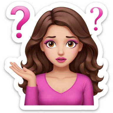 girl with long wavy brown hair, brown eyes, long lashes makeup, sexy pink lips, light to medium complexion, pink sexy top,, shrugging with both hands, confused, question mark sticker