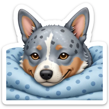 Meme-Worthy Cute Sleeping Blue Speckle Australian Cattle Dog Portrait Emoji, Head resting peacefully with a contented smile, showcasing a robust build and a luxuriously soft blue speckle Fur, eyes shut in a serene nap, Simplified yet hilariously adorable features, highly detailed, glowing with a soft, drowsy light, high shine, relaxed and utterly lovable, stylized with an air of playful laziness, bright and heartwarming, soft glowing outline, capturing the essence of a comically sleepy herder, so meme-worthy it feels like it could instantly become the next viral sensation of adorable slumber! sticker