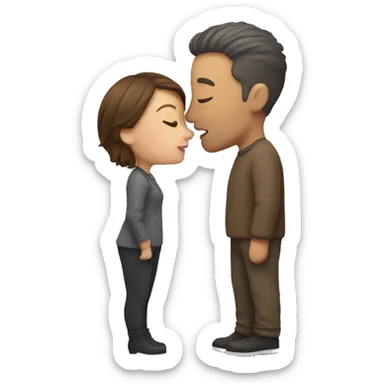 Short woman with brown hair kissing tall man with short hair with some slight gray  sticker