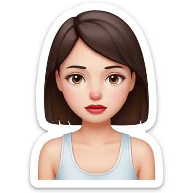 “Emoji brunette girl white tanktop, dewy skin, heavy blush across cheeks and nose bridge, glossy cherry lips, soft eyeliner, teary sparkling eyes like hanni from new jeans sticker