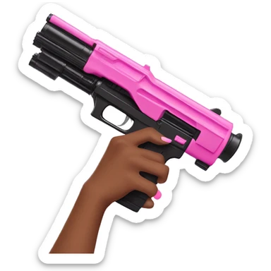 brown hand with pink nails holding large scary dark nerf gun sticker