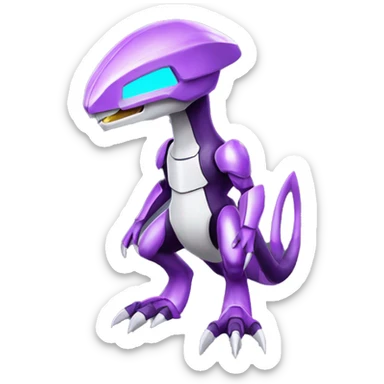 a shiny Genesect-Raptor-Fakémon—hybrid with a futuristic visor-helmet full body sticker