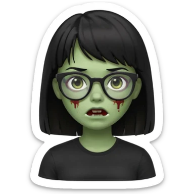 A zombie girl in Apple Memoji format with straight black hair with bangs, wearing a black shirt and black glasses sticker