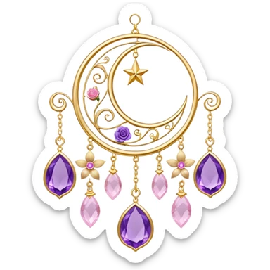 Epic beautiful gorgeous cute gold suncatcher, threads with shiny sparkly amethyst and rose-quartz gemstones, flowers, crescents-moons, stars, leaves sticker