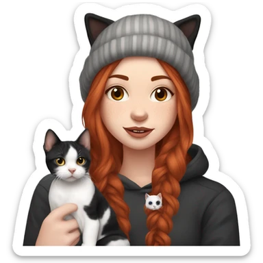 Long Red haired woman in beanie with septum piercing holding black and white English Staffordshire puppy and tabby cat sticker
