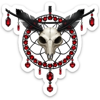 Blood-red, bloody, obsidian-black, edgy, dream catcher, red gemstones, black wire, black threads, white animal skull, white feathers, badass, evil, gorgeous aesthetic, gothic decoration sticker