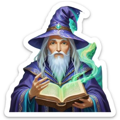 A luminescent enchanting Wizard stands beside a mystical spell book, his ethereal presence shimmering with otherworldly energy, each detail radiating with mystical power and ancient wisdom. The painting, a masterpiece of acrylic art, captures the Wizards hauntingly beautiful visage in exquisite detail. Swirls of cosmic colors dance around him, evoking a sense of celestial wonder, while intricate patterns of glowing runes adorn his intricate robe. The image is vivid and captivating, drawing viewers into a mesmerizing realm of fantasy and magic. sticker