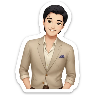 A confident man with black hair, a charming smile, and a stylish outfit. He stands with a relaxed posture, winking at someone, exuding an air of charm and charisma. His appearance is well-groomed, and he gives off a confident yet mischievous vibe, with one eye closed in a playful wink sticker