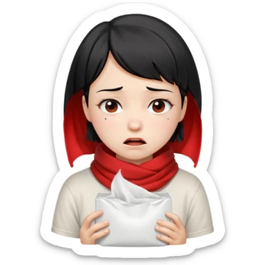 a pretty bratz fair girl crying in a loose oversized off white tshirt and red scarf with short black hair with a tissue box sticker