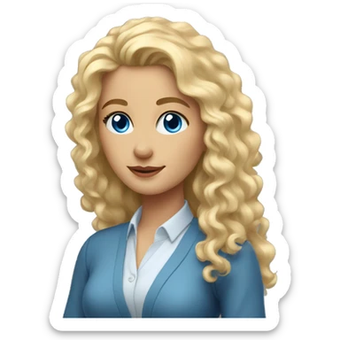 Woman teacher blonde long curly hair  blue eyes with book sticker