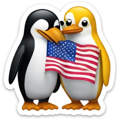 two penguins embracing, one holding the flag of Venezuela and the other holding the flag of the United States  sticker