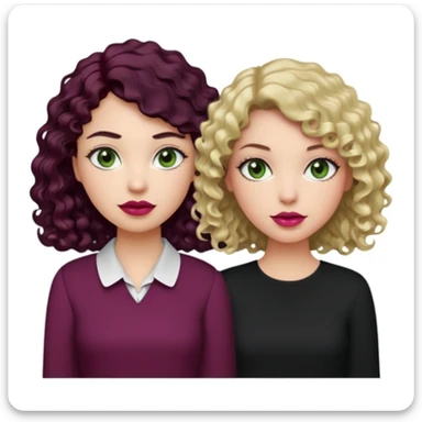 Una chica con el cabello ligeramente ondulado, rubio no tan oscuro, labios en un tono rosa, ojos café y una blusa blanca. Al lado otra chica con el cabello negro rizado, ojos verdes, labios color vino tinto y una blusa negra sticker