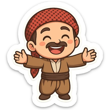 Kurdish sticker, happy mood, cartoon style, Kurdish man or woman in traditional dress jamadani, big smile, arms open or jumping, no text sticker