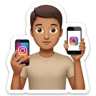 A man in frontal view holding up an iPhone toward the camera. The screen of the iPhone clearly displays the Instagram logo, brightly illuminated. The man is well-lit, sharp focus, modern clean background, high-resolution, professional aesthetic. sticker
