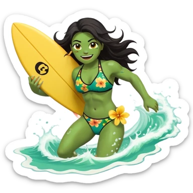 ork female holding small yellow bodyboard, running through shallow turquoise waves, muscular green body, bright floral bikini, fierce joyful grin showing tusks, long wet dark hair splashing, foam and spray, minimalist beach and ocean background, centered emoji, vibrant summer colors, sticker style sticker