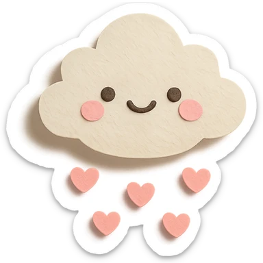 kawaii small fluffy cloud, raining tiny pink hearts, soft pastel colors, no limbs, full body, paper craft style sticker