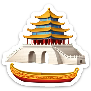 Summer Palace Beijing with marble boat, simplified emoji style with bold outlines and bright colors, cartoon style traditional Chinese palace on lake sticker