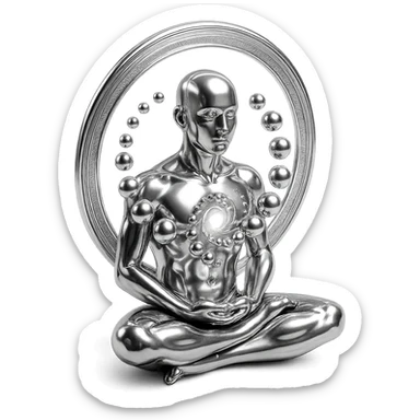 abstract chrome composition with meditating figure, open chest glowing with energy, surrounded by radiant spheres in a spiral and luminous aura, polished and harmonious sticker