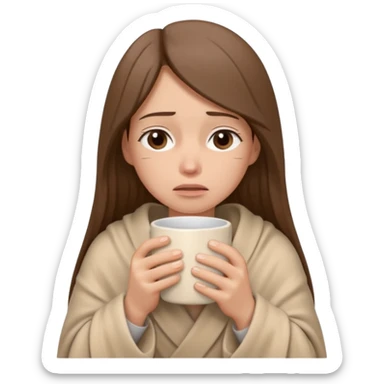 emoji-style illustration of a sad crying woman with long straight brown hair, wrapped in a cozy beige blanket, holding a mug cup, minimalistic look, front-facing, soft 3D cartoon rendering, plain background sticker
