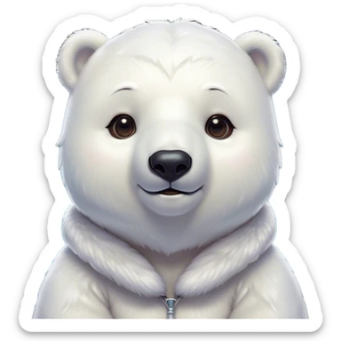 Cinematic Cute Polar Bear Portrait Emoji, Head tilted playfully and inquisitively, with a glossy, plush coat accented by a gentle, blushing muzzle and round, sparkling eyes, Simplified yet irresistibly adorable features, highly detailed, glowing with a warm, friendly polar glow, high shine, affectionate and lively, stylized with a touch of endearing charm, soft glowing outline, capturing the essence of a mischievous yet loving polar cub that feels like it could tumble out of the screen into your arms! sticker