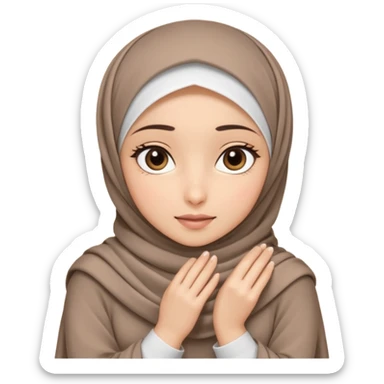 Hijabi girl sitting.     head covered
hands pulling the fabric in
shy-but-dramatic energy
“no cameras pls” but in a cute way
soft + mysterious vibe sticker